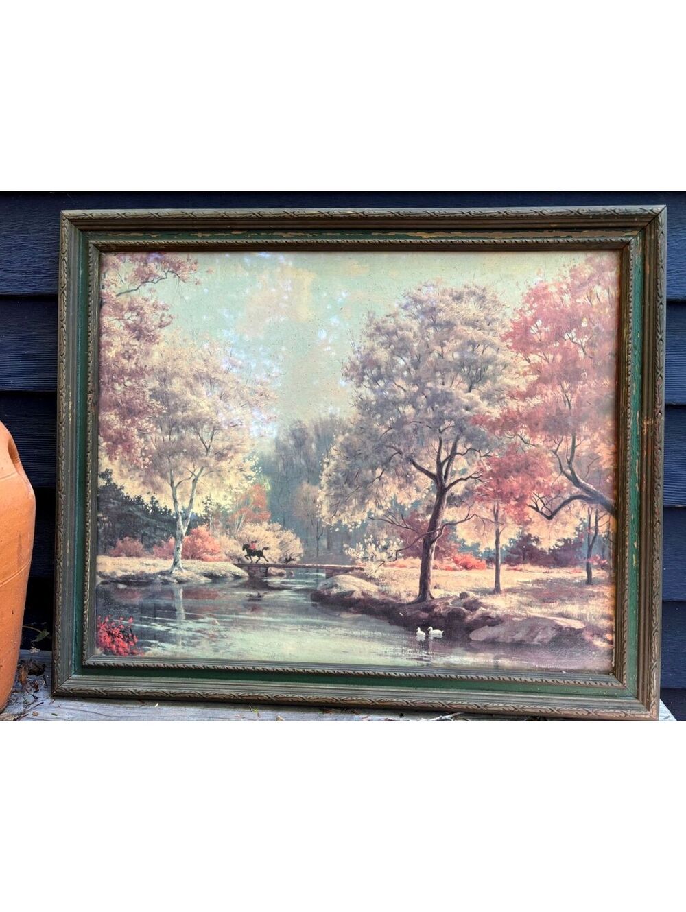 Vintage Framed Autumn Landscape Print Girl on Horseback Pond Ornate Green Frame